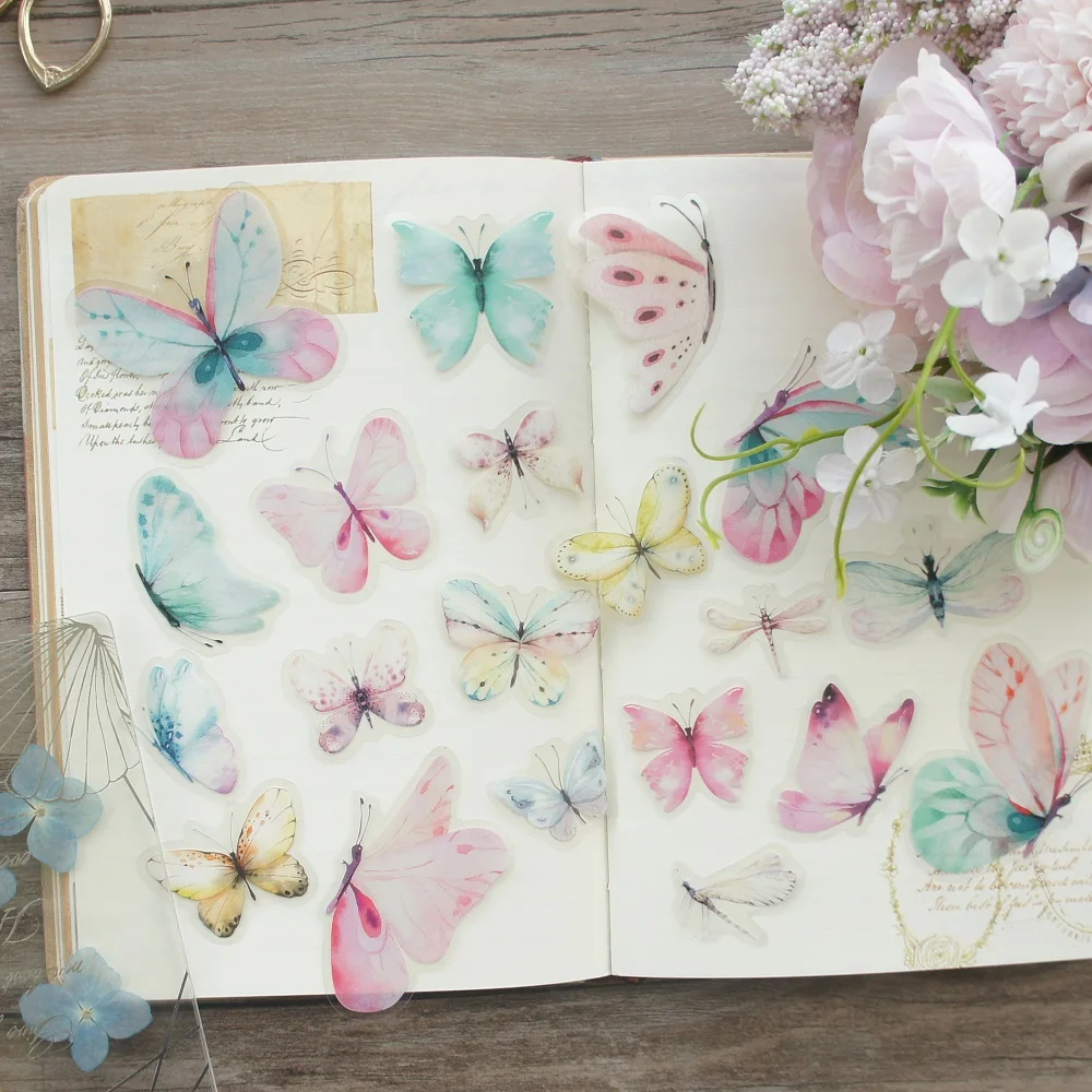 38pcs MIX Size Watercolor Pink Green Blue Butterfly Style PVC Sticker Scrapbooking DIY Gift Packing Label Decoration Tag