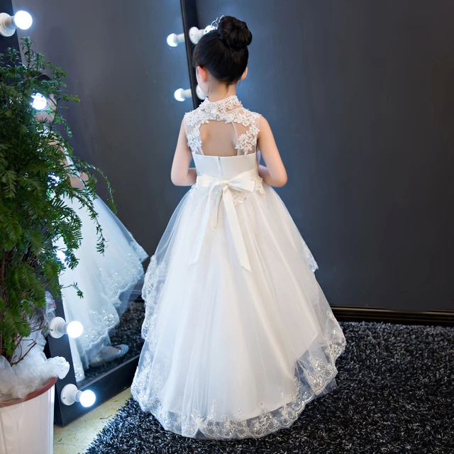 Children Short Front Long Back Wedding Dress With Flower Lace Train Prom White Tulle Sequin Kid Girl Formal Flower Girl Dresses AliExpress