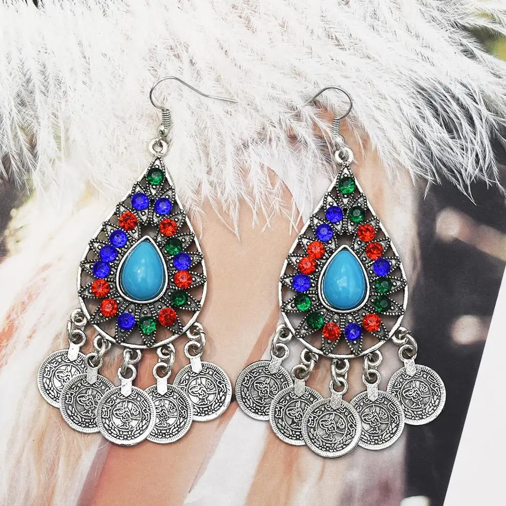 Vintage Boho Jhumka Coin Tassel Oxidized Drop Dangle Indian Earrings Colorful Rhinestone Gypsy Tribal Jewelry For Women Wedding