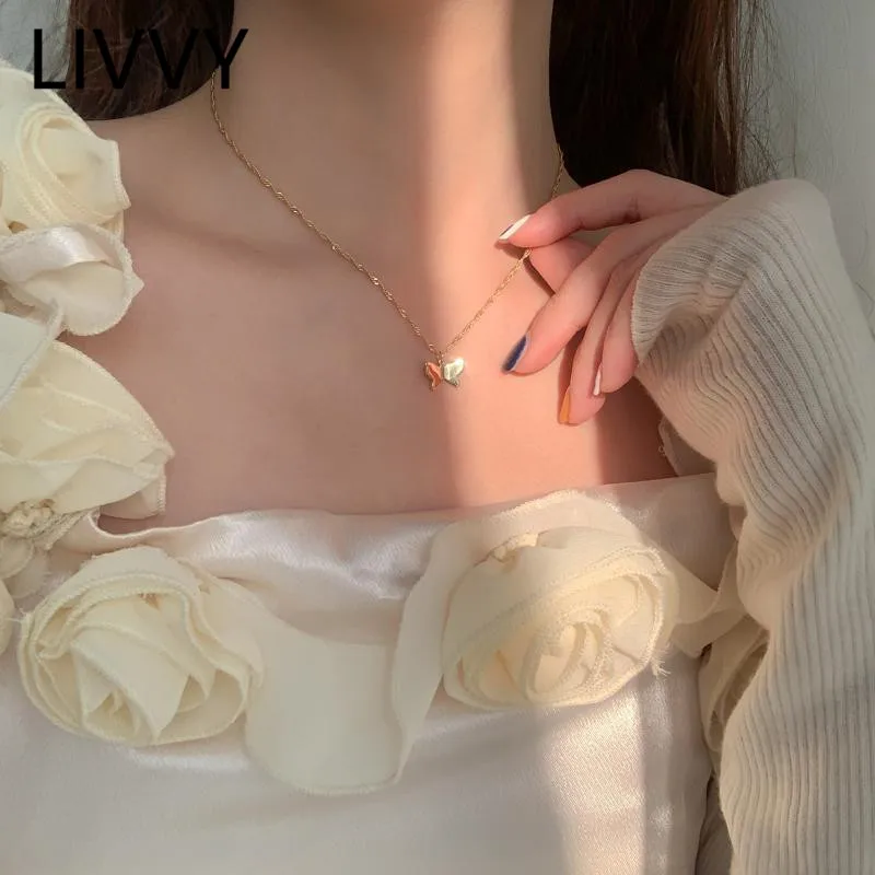 LIVVY Silver Color Glossy Butterfly Pendant Necklace for Women Water-Wave Clavicle Chain Collares  Party Jewelry Gift