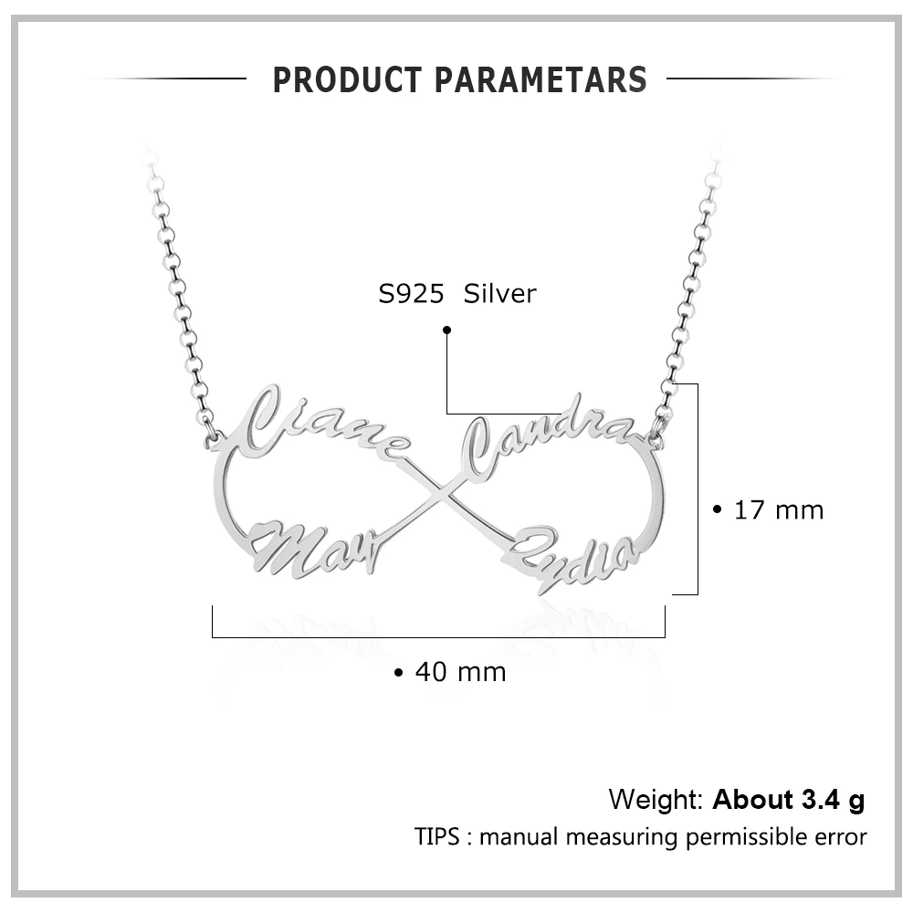 925 Sterling Silver Personalized Infinity Name Chain Necklaces for Women Custom Nameplate BFF Pendant Xmas Gifts for Mother