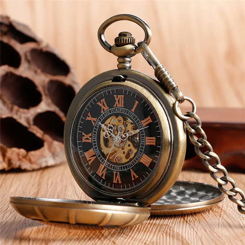 Steampunk Bronze Unisex Hand-winding Mechanical Pocket Watch Double Hunter Roman Number Clock FOB Pendant Chain Timepiece Gift