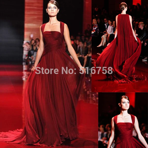 Custom Made Pleated Bodice Gathered Skirt Party Wear Flowing Chiffon Prom Dress Burgundy Wine Elie Saab Evening Dresses 2018