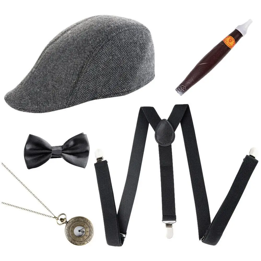 

kostum Mens 1920s Gangster Hat Braces Tie Cigar Gatsby Costume Accessories 5pcs/Set fancy dress adult costume disfraz