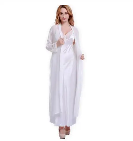 Fashion New Silk Robes + Nightdress Two-Piece Women Sleepwear Sexy Lace V-Neck Sleeping Robe Long-Sleeve Nightgowns FW001