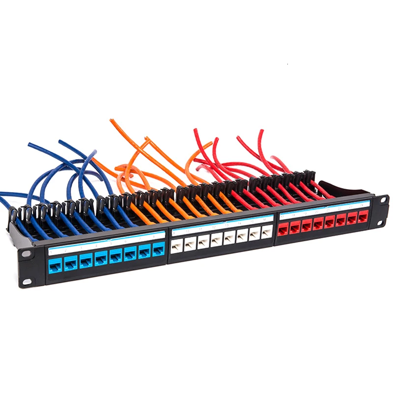 

19" 1U Rack Pass-through Tie-free 24 Port CAT6 Patch Panel Network Cable RJ45 Adapter Keystone Jack Modular Distribution Frame