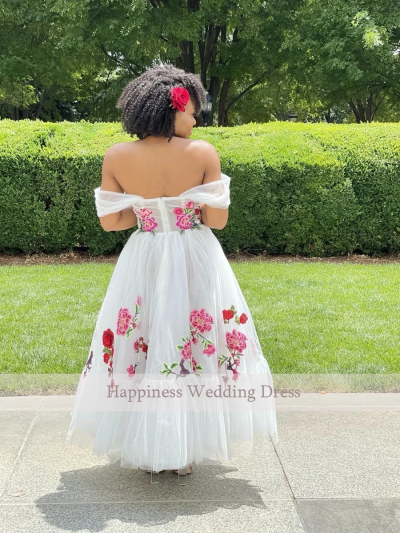 Vestido de festa gracioso até o tornozelo, Apliques bordados flores, manga sem ombro, vestidos de baile com zíper traseiro para meninas