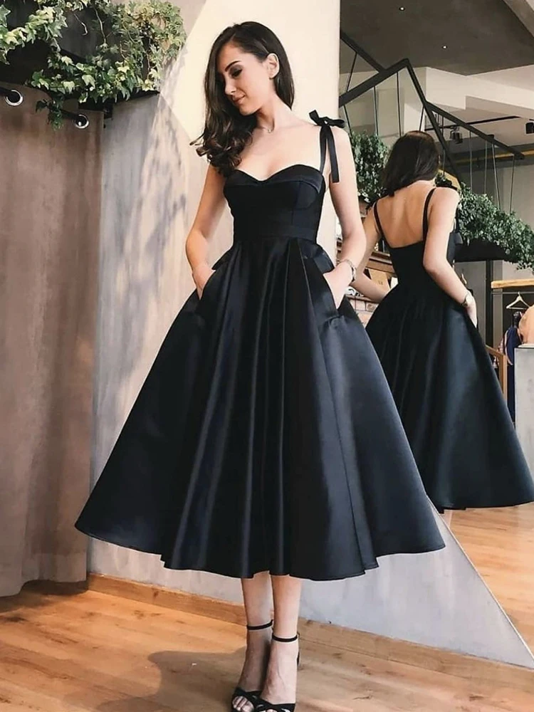 Vestido de noite preto, linha a, alças espaguete, sem mangas, bolsos traseiros, cetim, chá, festa formal, vestido de baile