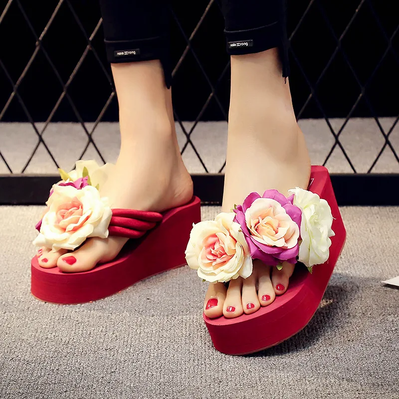 5 CM High Heel Women Summer Flip Flops Sandals Flower Wedge Heel Holiday Female Slippers Outdoor Non-Slip Beach Shoes