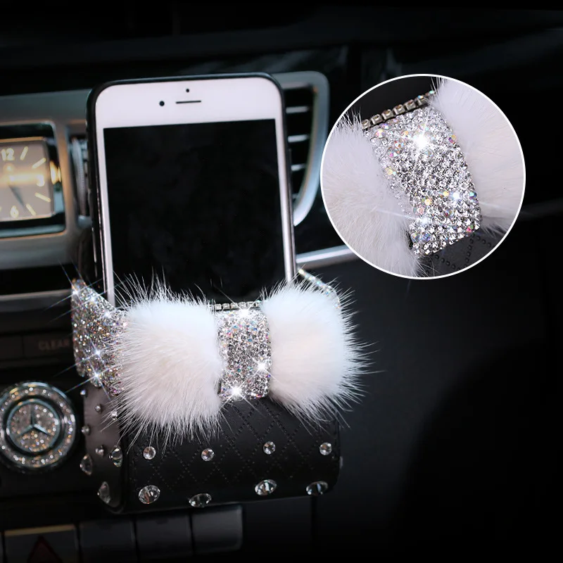 Diamond Crystal Bowknot Portable Car Storage Box Bag Mink fur Auto Vent Mount Holder Cosmetics Case Universal Mobile Phone Bag