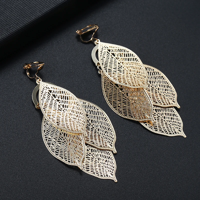 New Arrival Hyperbole Multilayered Big Leaves Clip on Earrings Non Pierced for Women Party Wedding Elegant Ear Clips Accessories