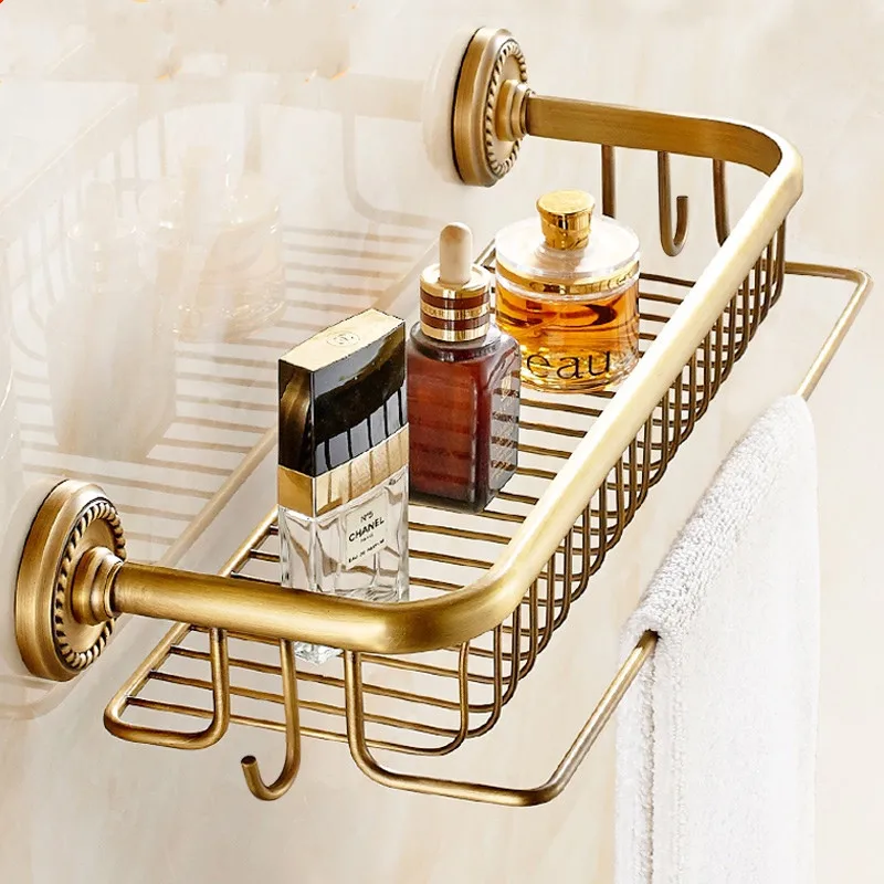 High Quality New Arrivals Total Brass Antique Bathroom Shelves With Towel Bar Bathroom Shampoo Holder Bathroom Accessories