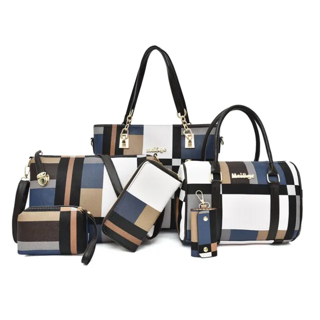Moda luksusowe kobiety o dużej pojemności 6 in1 torba na ramię PU skóra kobiet Plaid kolor 6 sztuk zestaw Retro torebka na ramię torba