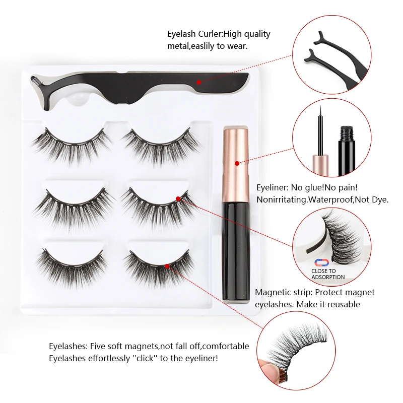 Magnetic Mink Eyelashes 2/3/5/10 Pairs Soft False Eyelashes Natural Magnetic Mink Lashes Liquid Eyeliner Tweezer Sets Makeup Hot