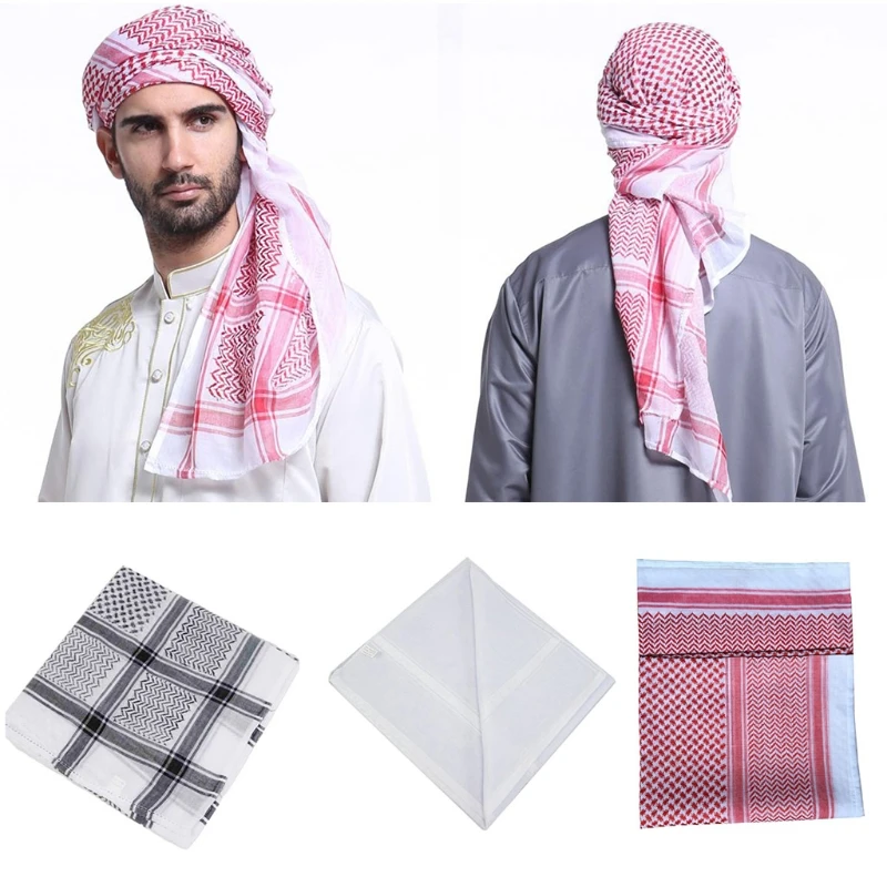 New Muslim Men Plaid Headscarf Arab Shemagh Dubai Turban Cap Neck Wrap Headcover