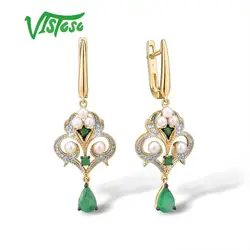 VISTOSO Gold Earrings For Women 14K 585 Yellow Gold Emerald Fresh Water Pearl Diamond Wedding Anniversary Elegant Fine Jewelry