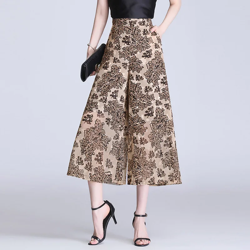 

Summer Women High Waist Thin Wide-Leg Pant Floral Chiffon Ankle-Length Pants Female Fashion Eight-Point Skirt Trousers RE2086