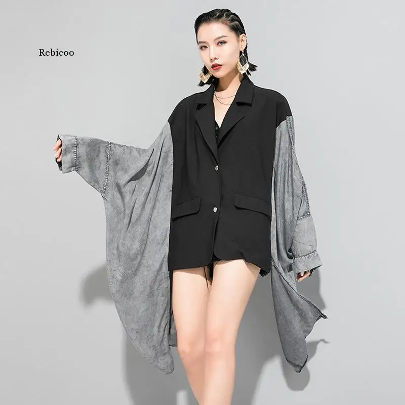 

Loose Fit Contrast Color Split Big Size Asymmetrical Jacket New Lapel Long Sleeve Women Coat Fashion Spring 2021