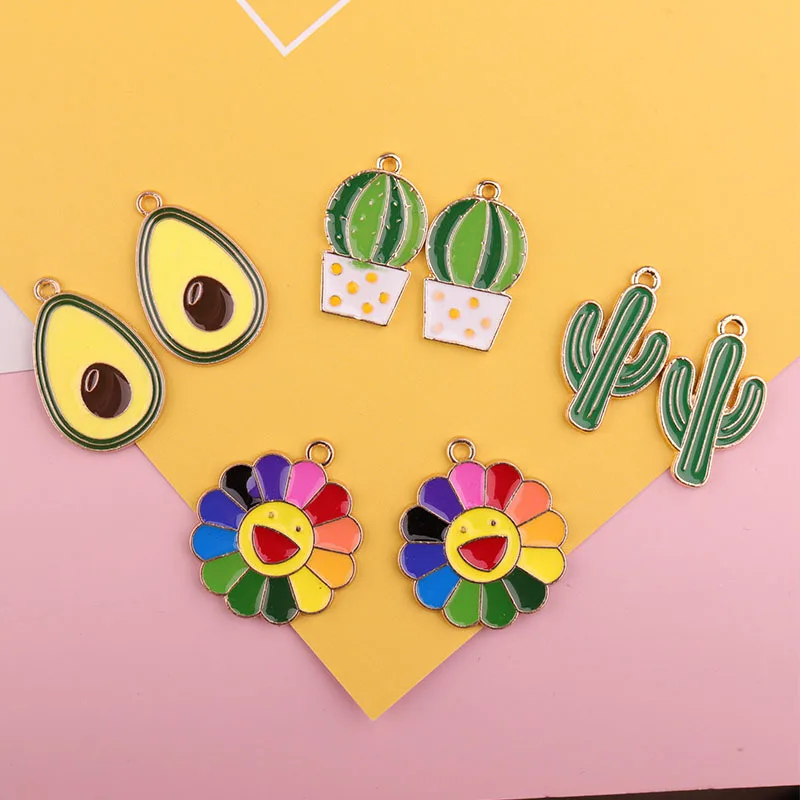 10pcs/lot Cactus Sun Flower Avocado Enamel Charms Fashion Jewelry Earring Bracelets DIY Making Gold Color