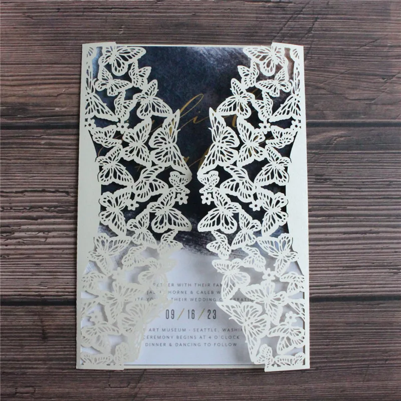 

Ivory shimmer fall wedding invitation suite butterfly laser cutting customized insert design 50 pcs