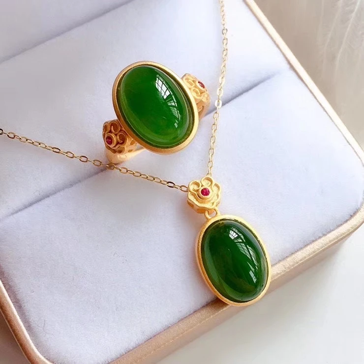 

new style Jade ring and necklace jewelry set with 925 silver for women jewelry gold plated color natural jade birthday gift