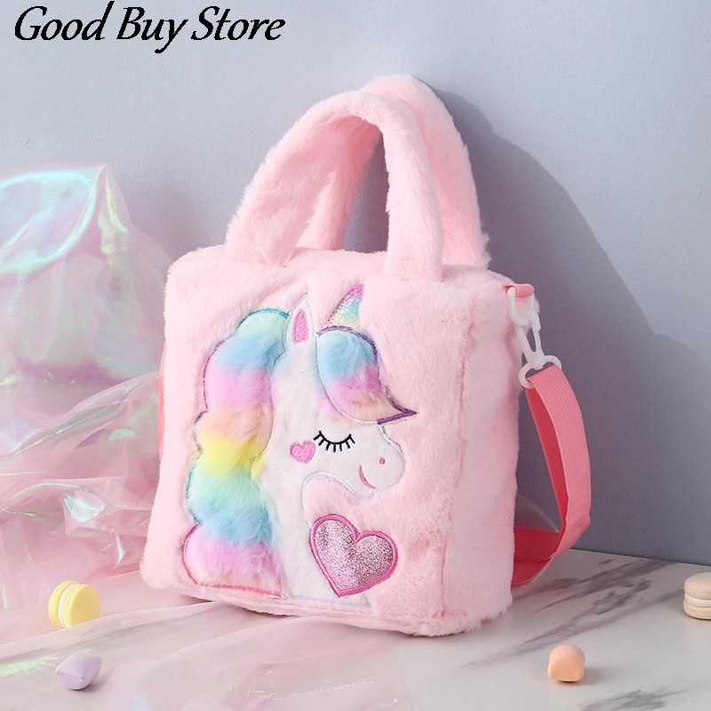 Bolsa de ombro de unicórnio de desenho animado, bolsa de cintura de pelúcia para crianças, totes de animais coloridos, fashion, bolsa de inverno para meninas