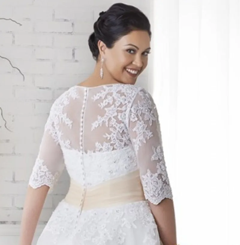 Abiti da sposa Vintage lunghezza tè Plus Size abiti da sposa da giardino trasparenti con scollo a V abiti da festa bianchi mezze maniche