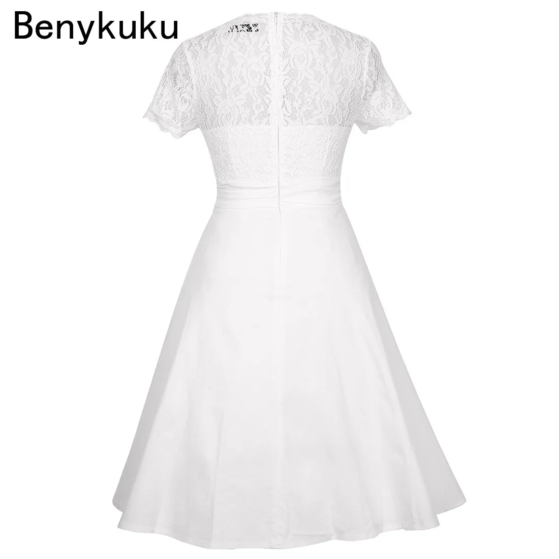 Sexy Deep V Neck High Waist White Lace Patchwork A Line Dress Summer Women Rockabilly Pin Up Casual Evening Party Ladies Dresses