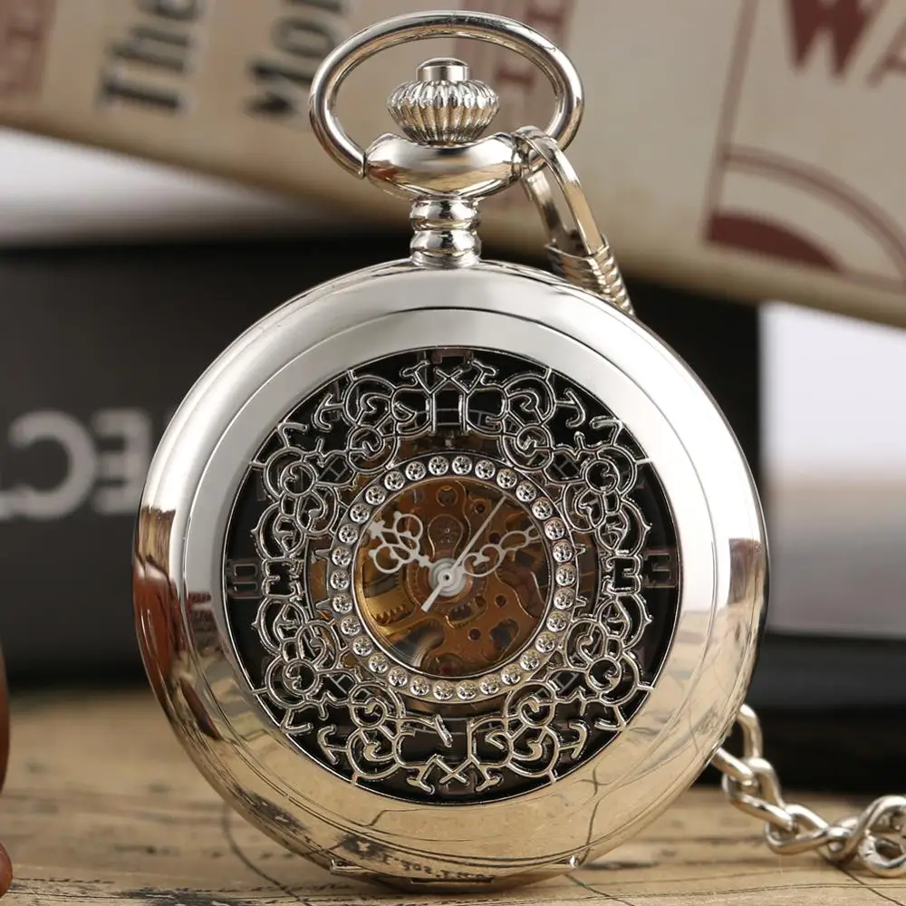 Fashion Hollow Flower Silver Hand Winding Mechanical Pocket Watch Luxury Silver Metal Web Case Hand Winding Watch Sets + Box Bag