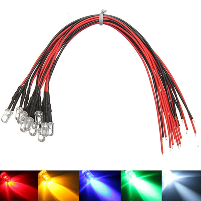 10pcs 5mm LED 12V 20cm Pre-wired White Red Green Blue Yellow UV RGB Diodo Lamp Decoration Light Emitting Diodes Pre-soldered