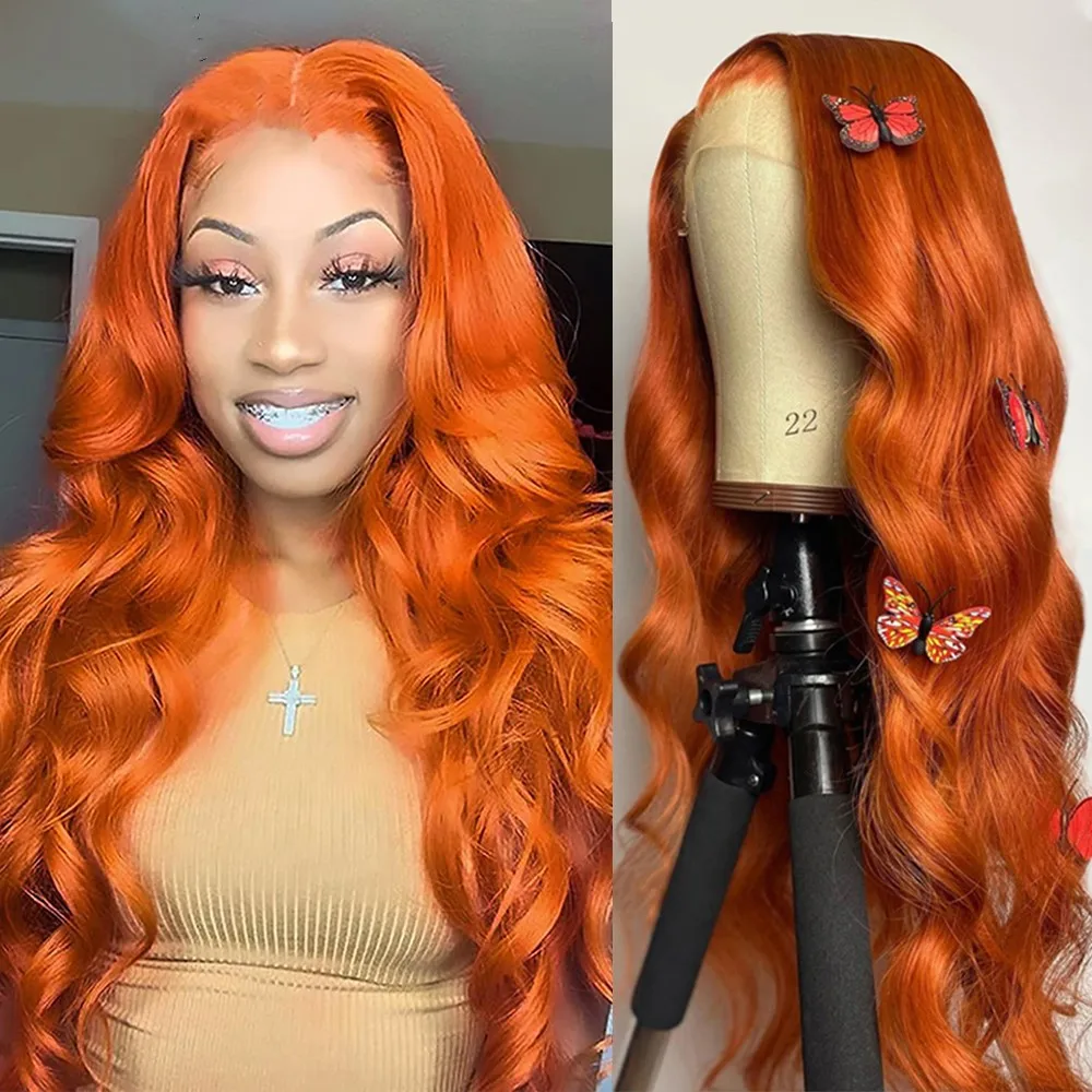 

Orange Ginger Color 13x4 Lace Front Wigs Pre Plucked Brazilian Body Wave Human Hair Wigs Remy Hair Glueless Lace Wigs for Women