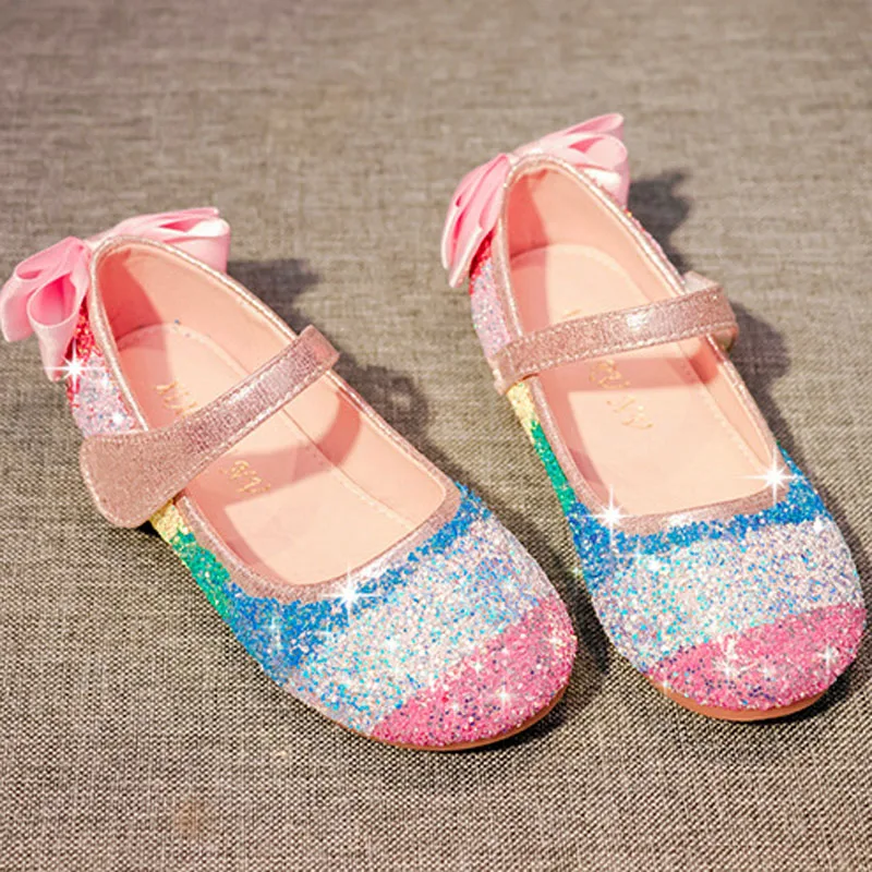 

Kids Shoes Girls 2023 New Spring Princess Flat Party Dancing Shoes Rainbow Sequins Children Girls Shoes with Bowtie 24-38 CSH985