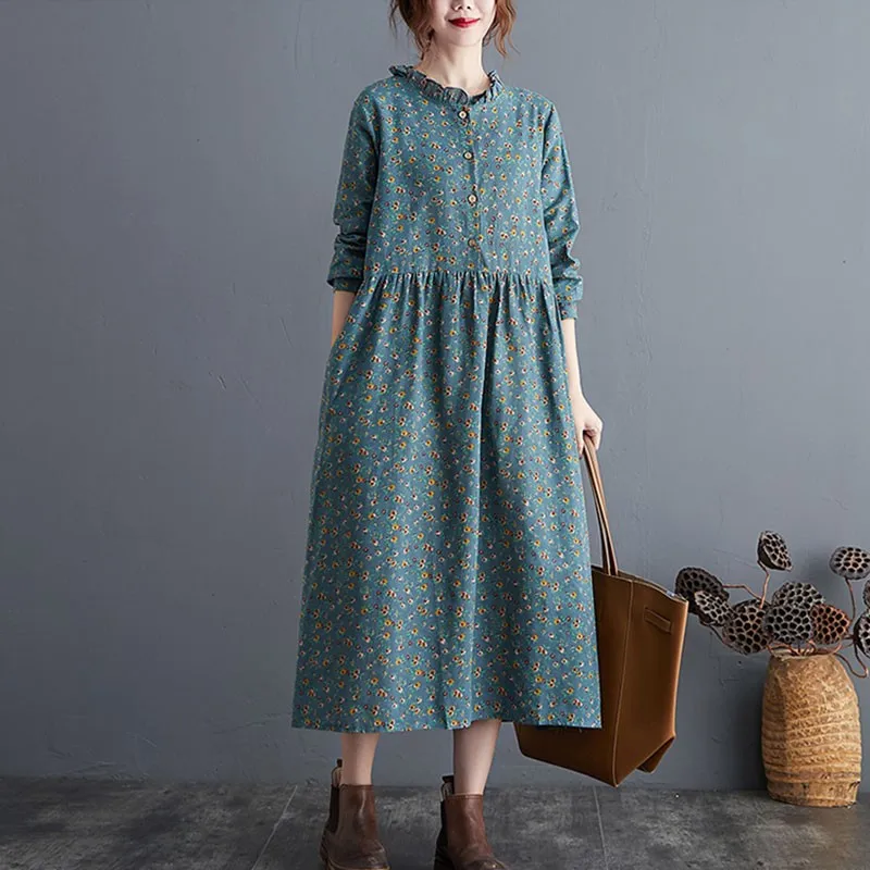 Women Cotton Linen Casual Long Dress New 2020 Autumn Vintage Floral Print Stand Collar Ladies Elegant A-line Dresses S2115