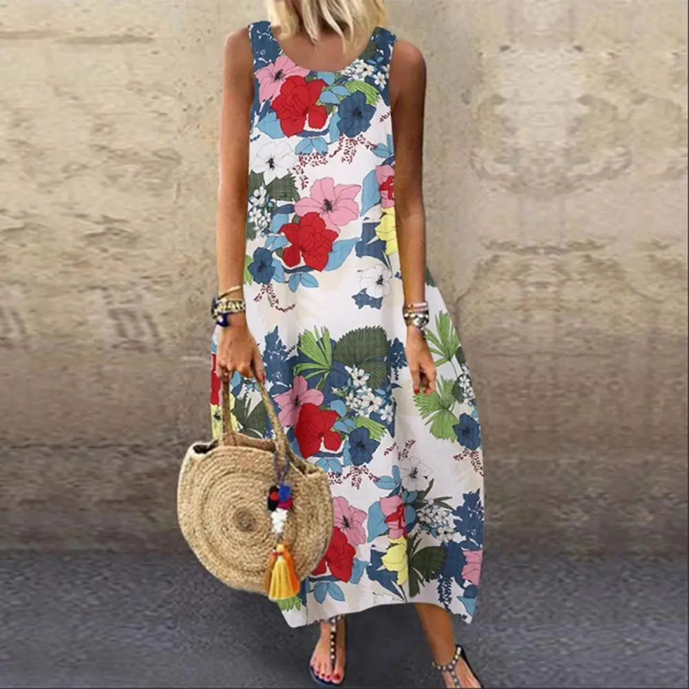 Summer Women Dress Elegant Floral Print Round Neck Vintage Dresses Ankle-Length Plus Size Large Hem Beach Party Dress