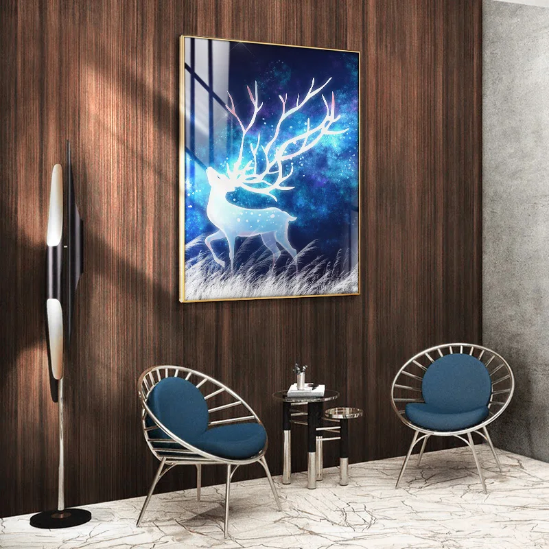 Blue Elk Under The Stars on The Meadow Canvas Painting Wall Art Nordic Posters and Prints Wall Pictures for Living Room Decor