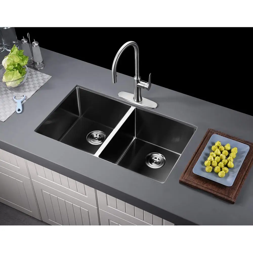 Top quality black flushmount Handmade Double Bowl 304 Stianless Steel kitchen sink double deep bowl sink-760x450x200mm