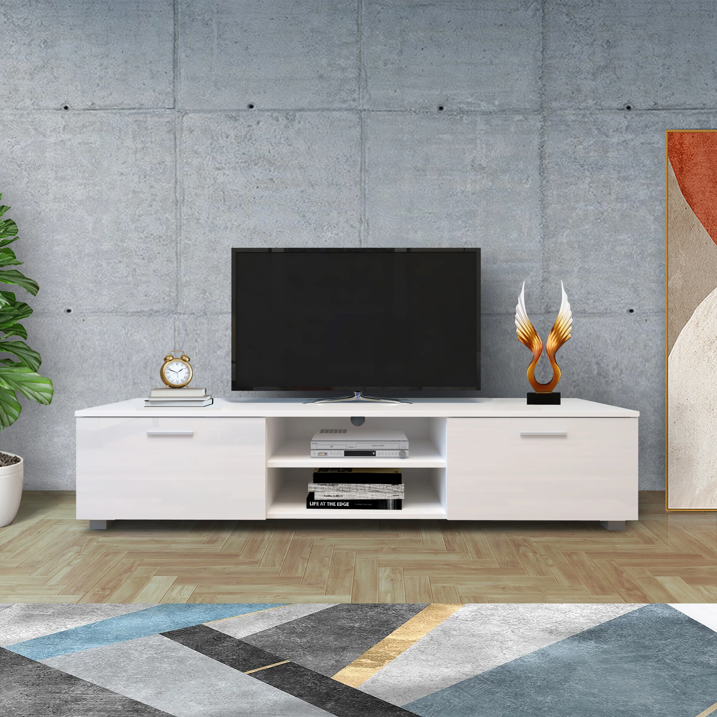 White TV Stand for 70 Inch TV Cabinet  Media Console Entertainment Center Television Table 2 Storage Cabinet with Open Shelves