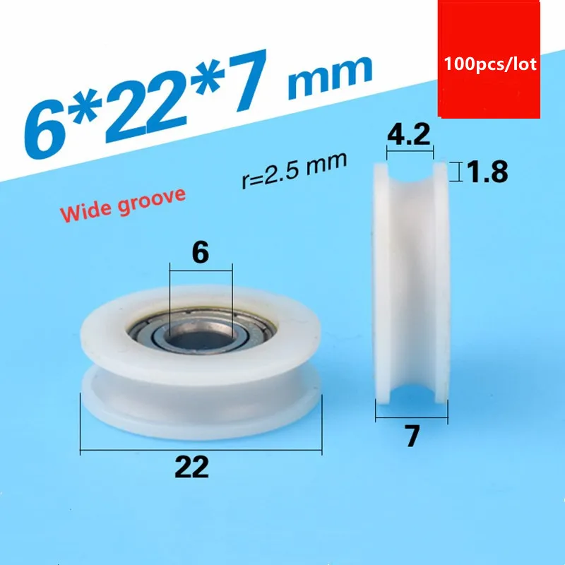 100pcs U groove Plastic coated bearing 696ZZ 6*22*7mm door window POM roller wheel nylon pulley Bore size 6mm Diameter 22mm