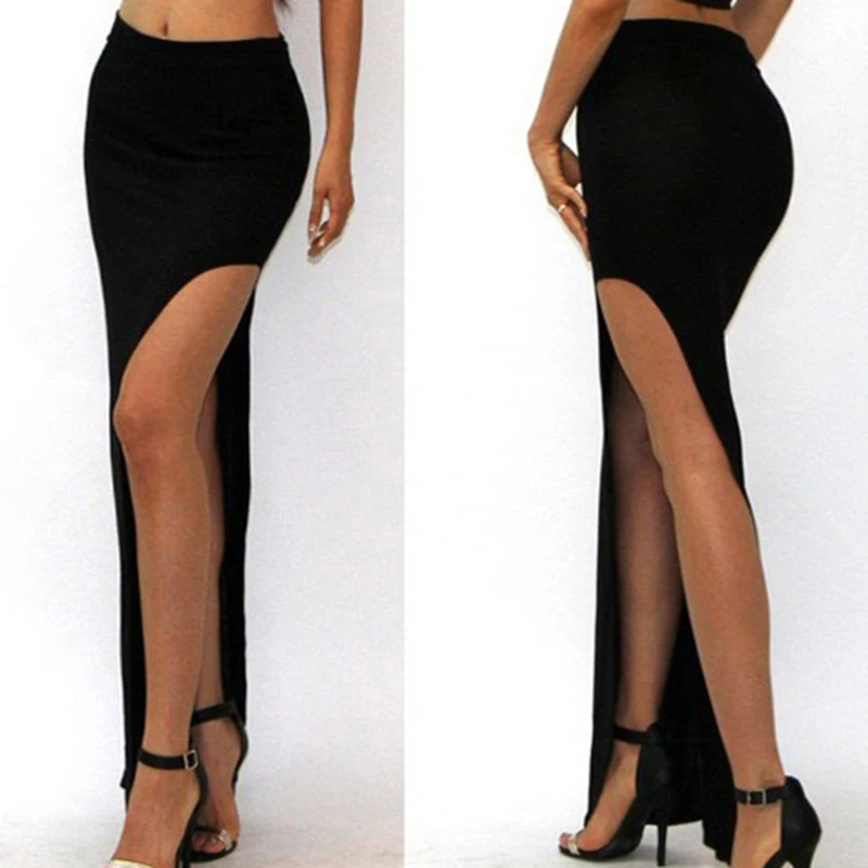  Fashion Charming Sexy Women Lady Long Skirts Open Side Split Skirt Long High Waist High Slit Maxi Skirt Black