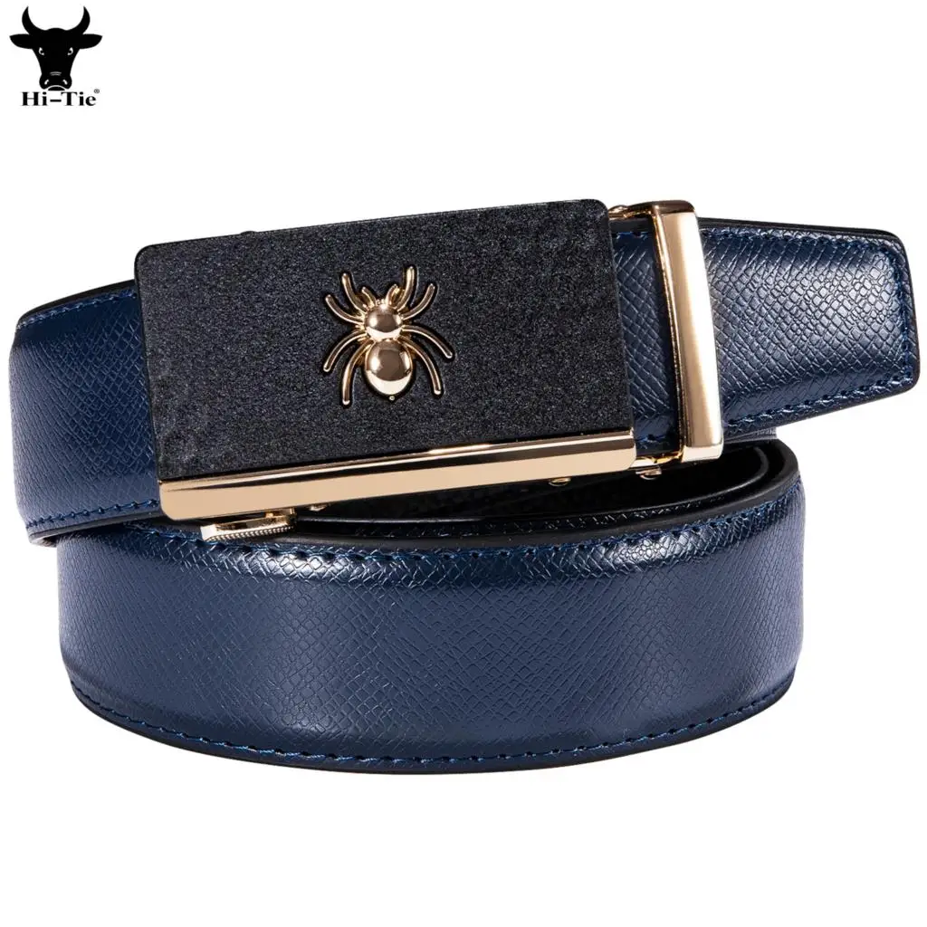 

Hi-Tie Navy Blue Genuine Leather Mens Belts Gold Spider Automatic Buckles Ratchet Waistband Belt for Men Cowboy Wedding Business