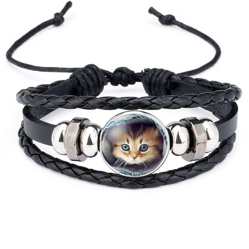

Cute Cat Dome Glass Hand-woven Bracelet Friendship Bracelets Men Jewelry Charm Bracelet Bracelets for Women