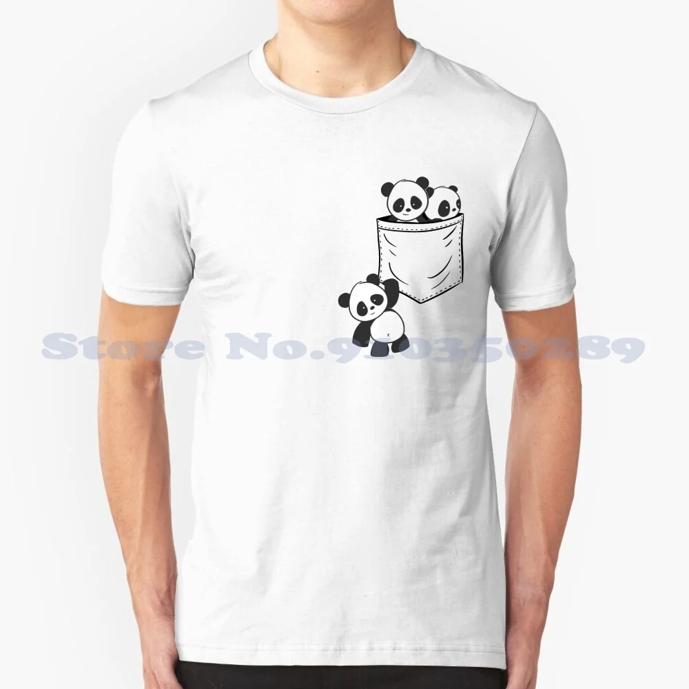 Panda Lovers Cute Kawaii Baby Pandas In Pocket 100% Cotton T-Shirt Skizzenmonster Animal In Pocket Breast Pocket Funny Cute