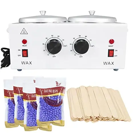 Double Wax Warmer Kit, Professional Dual Waxing Pot Warmer & 4-Pack Wax Bean & 100pc Wooden Stick,110V Electric Melting Heater f