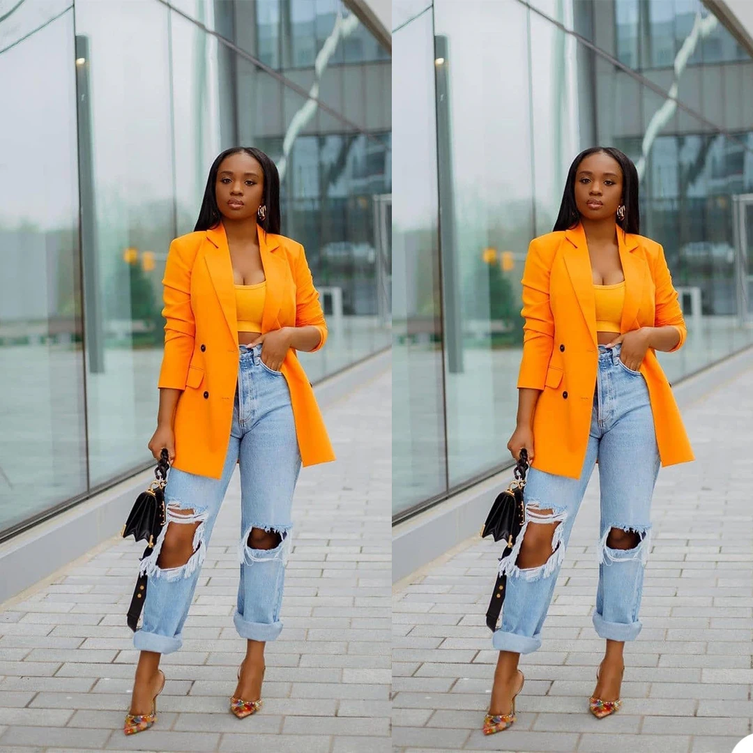 Chic Orange Notched Lapel Women Blazer Custom Made Classic Vintage Pocket Streetwear Jacket Office Lady Daily Casual Coat