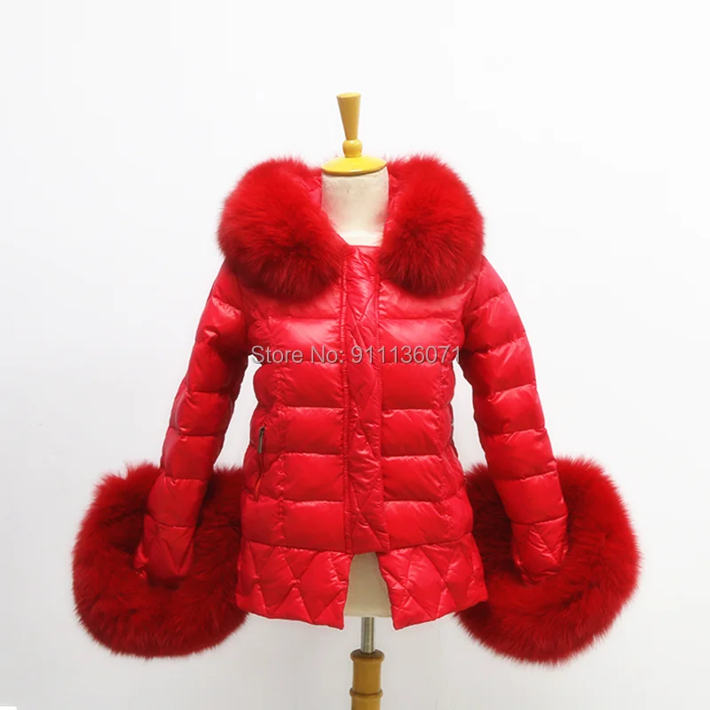 Custom Real Fox Fur Big Hood Puffer Jacket For Ladies Women Children Size White Duck Down Coat  with cuff