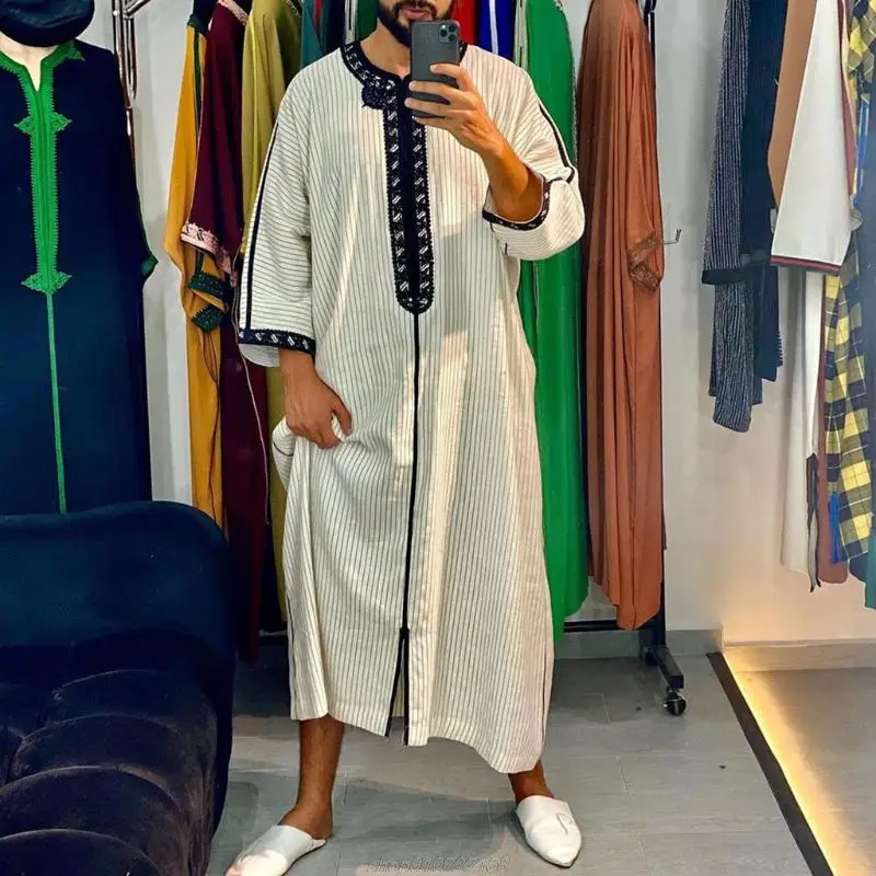 Islamic Clothing Men Robe Kaftan Muslim Man Moroccan Casual Long Dress Arabic Striped Robe Middle East National S13 21 Dropship