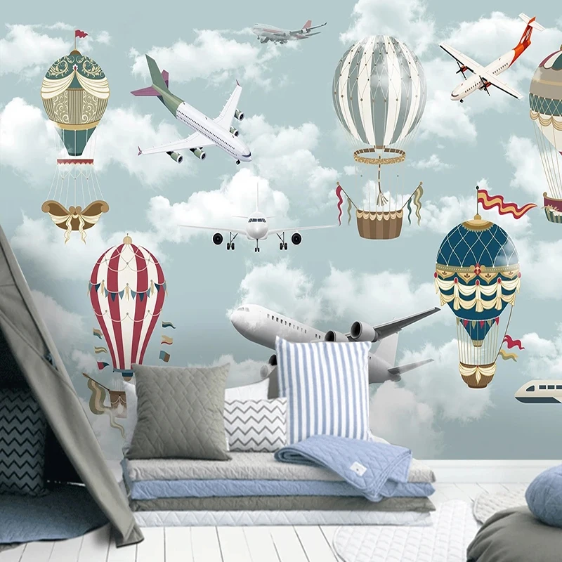 Affiche murale 3D en tissu sur mesure, Simple, ballon, nuage, ciel, grand papier peint créatif pour fond de café, Restaurant