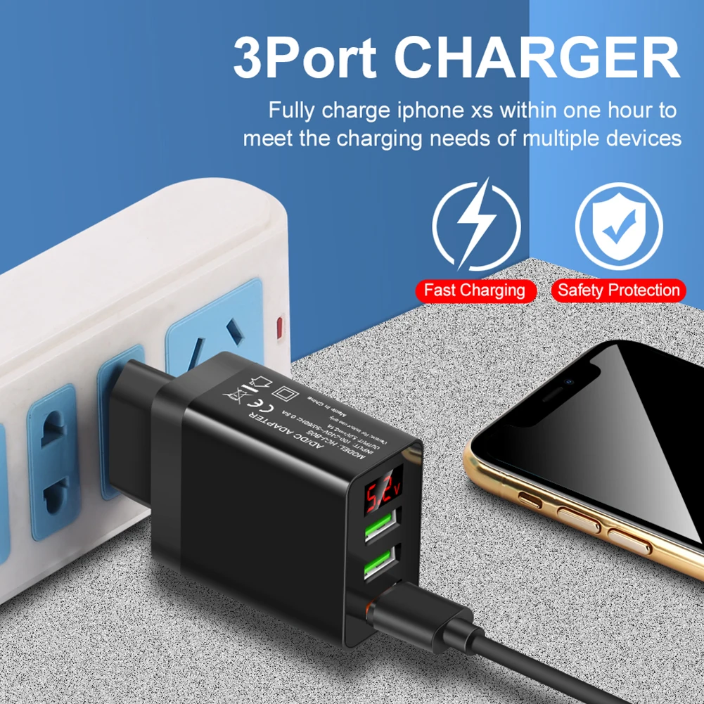 Mobile Phone Chargers Quick Charge QC 3.0 USB Charger For Tablet iPhone 15 14 13 Huawei Samsung LED Display 3 Port Fast Charging