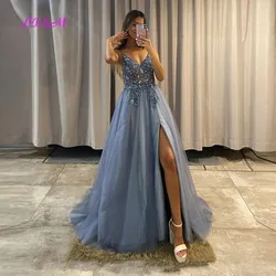 Blue Beading Tulle Long Prom Dresses Spaghetti Straps Side Slit Evening Gowns Elegant Women Party Special Occasion Dress