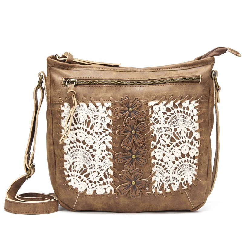 Annmouler Designer Women Handbag Purse Pu Leather Shoulder Bag Flower Crossbody Bag Small Ladies Messenger Bag Brown Lace Totes